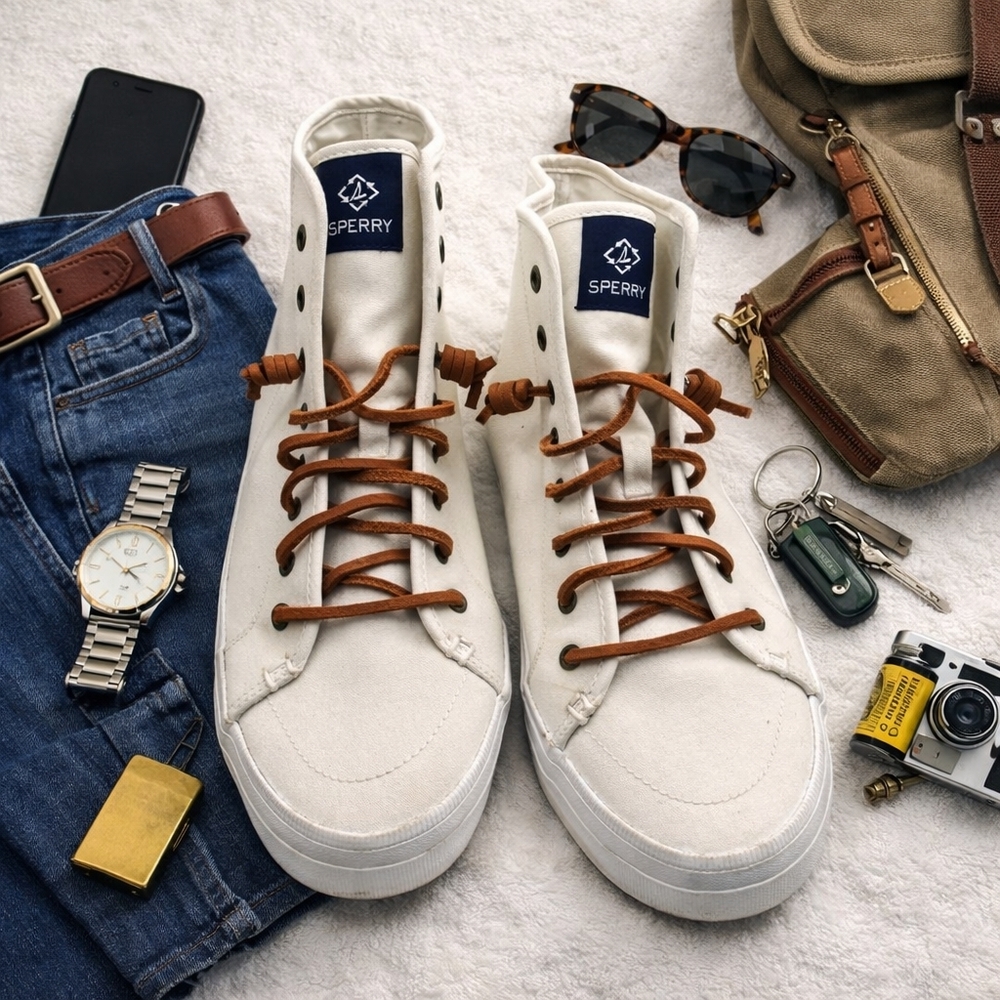 Sperry Ivory Canvas High-Tops with Brown Leather Laces Cork Sole. New. Ladies 10